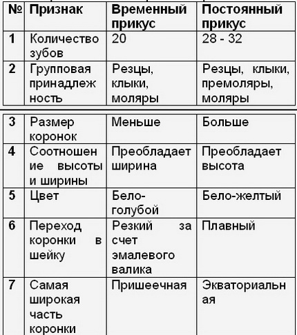 Признаки временной. Сравнительная характеристика молочных и постоянных зубов. Отличие молочных зубов от постоянных таблица. Отличия молочных и постоянных зубов таблица. Сравнительная характеристика постоянного и временного прикуса.